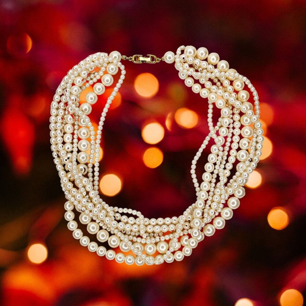 8-Strand Layered Faux Pearl Statement Necklace - Picture 4 of 5